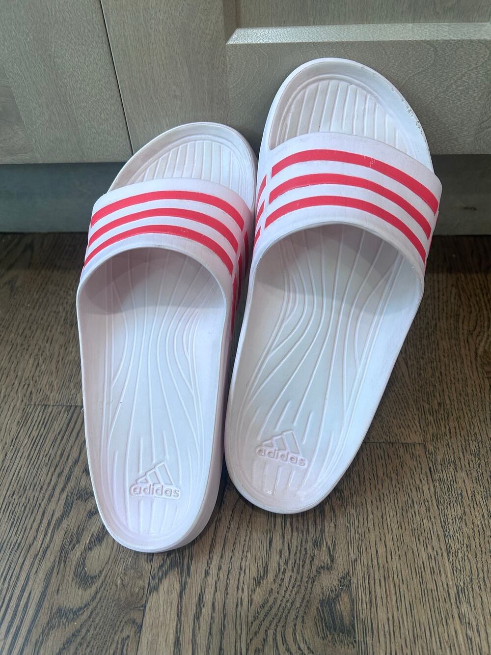 Adidas Duramo Slide Sandals White Pink 3 Stripe Sport Slip On Slides Women's 10